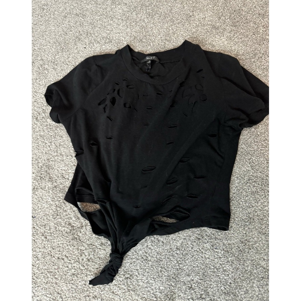 Love J Distressed Cropped T Shirt Black Front Tie Knot Shredded Top Medium
